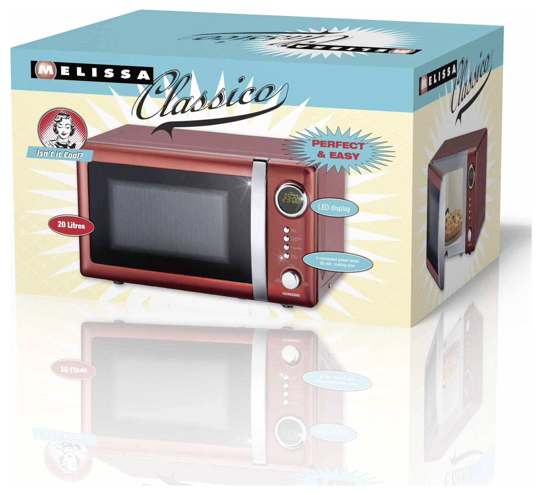 Un four micro-ondes rouge emballé dans un colis étiqueté 'Melissa Classico' mettant en évidence des caractéristiques telles que la capacité de '20 Litres' et l''affichage LED'.