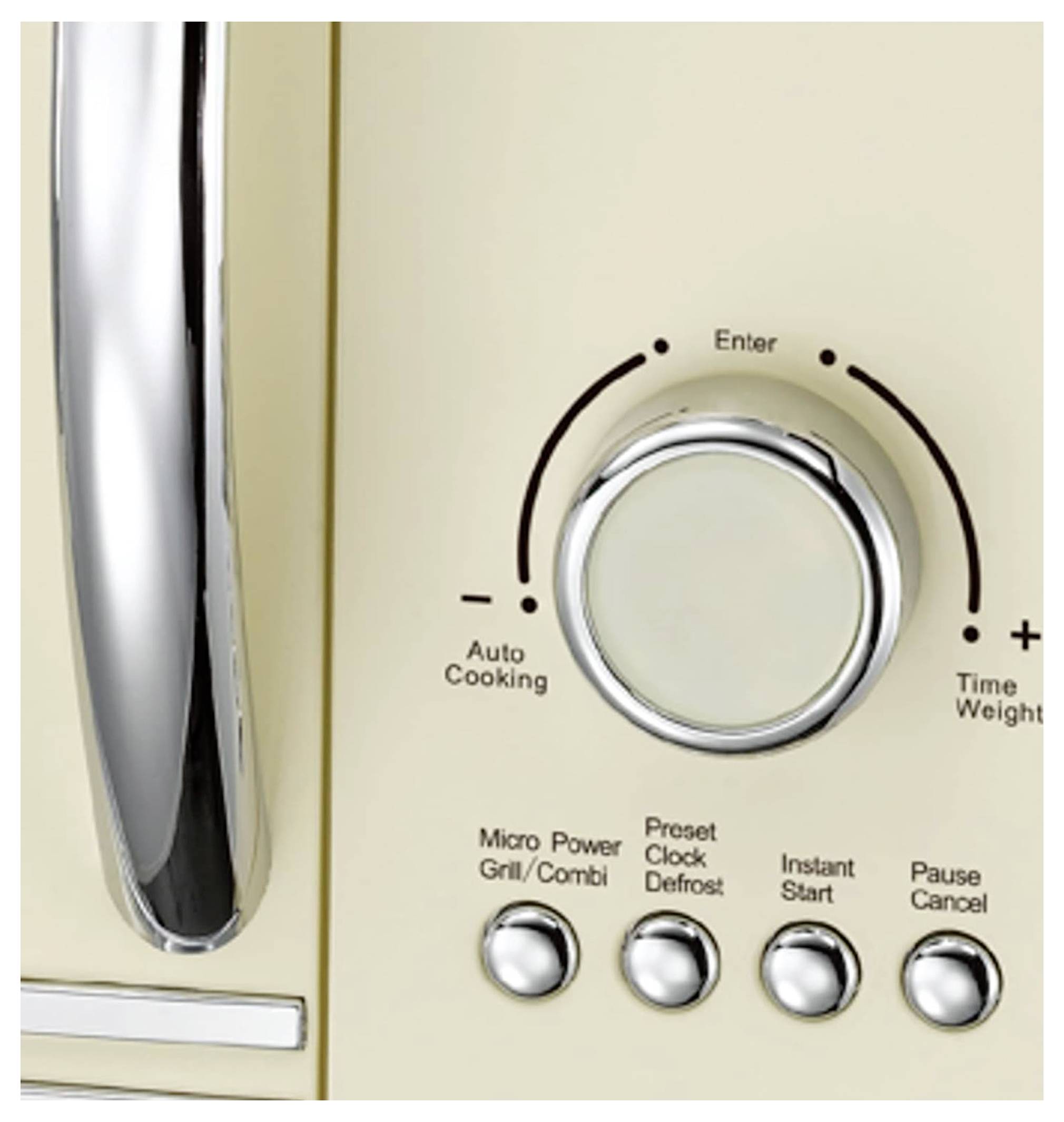 Panneau de commande de micro-ondes avec un grand bouton pour la 'Cuisson Automatique' et le 'Temps/Poids', et des touches pour la 'Puissance Micro', le 'Décongélation', 'Démarrage', 'Annulation'.