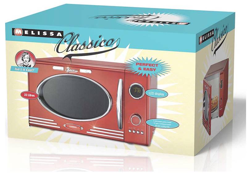 Four micro-ondes rouge Melissa Classico au design rétro. Caractéristiques : capacité de 23 litres, affichage LED, étiqueté « Parfait & Facile ».