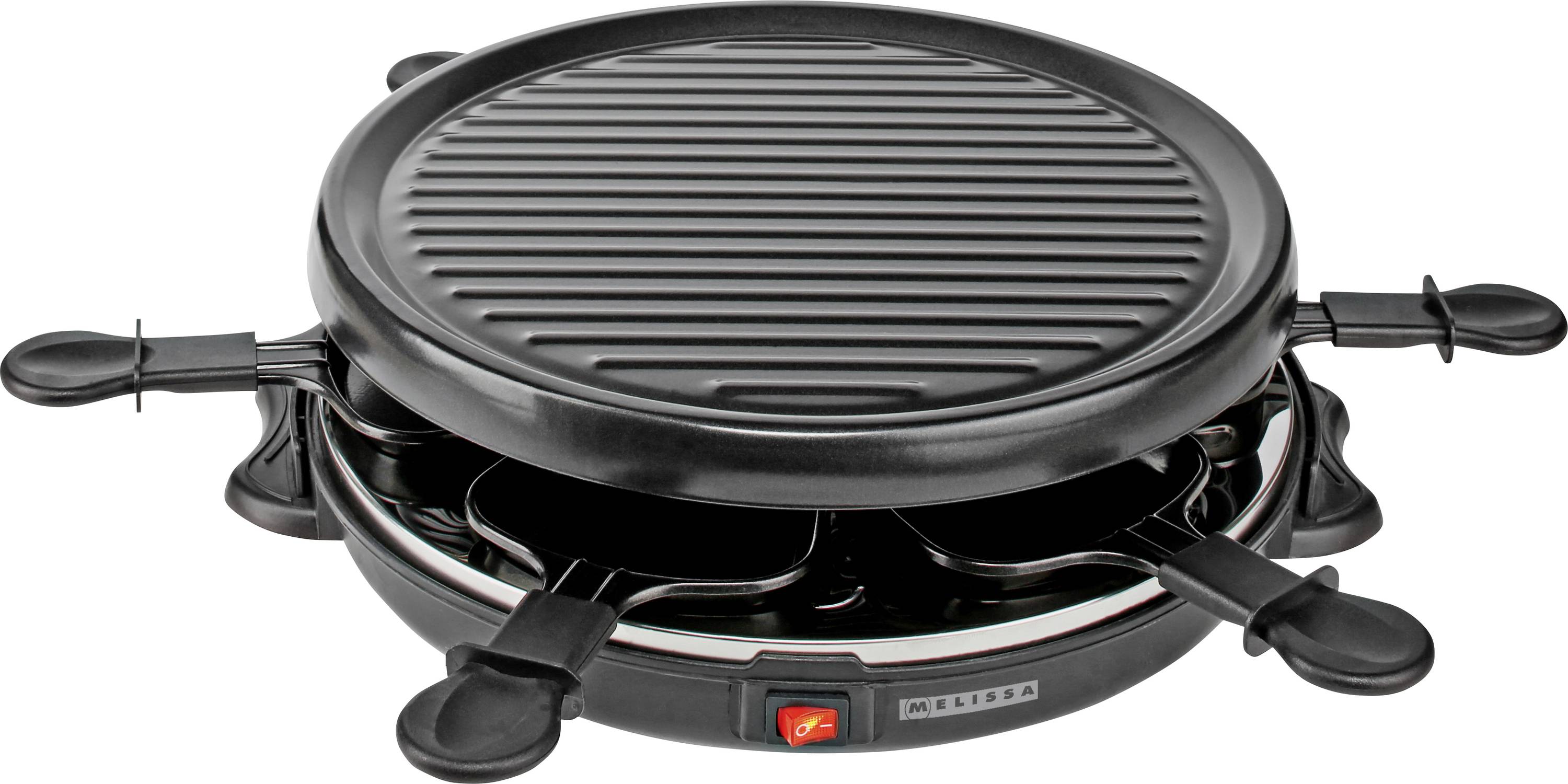 Appareil à raclette électrique avec surface de cuisson antiadhésive, quatre spatules et contrôle de température réglable. Adapté pour la cuisson à table.