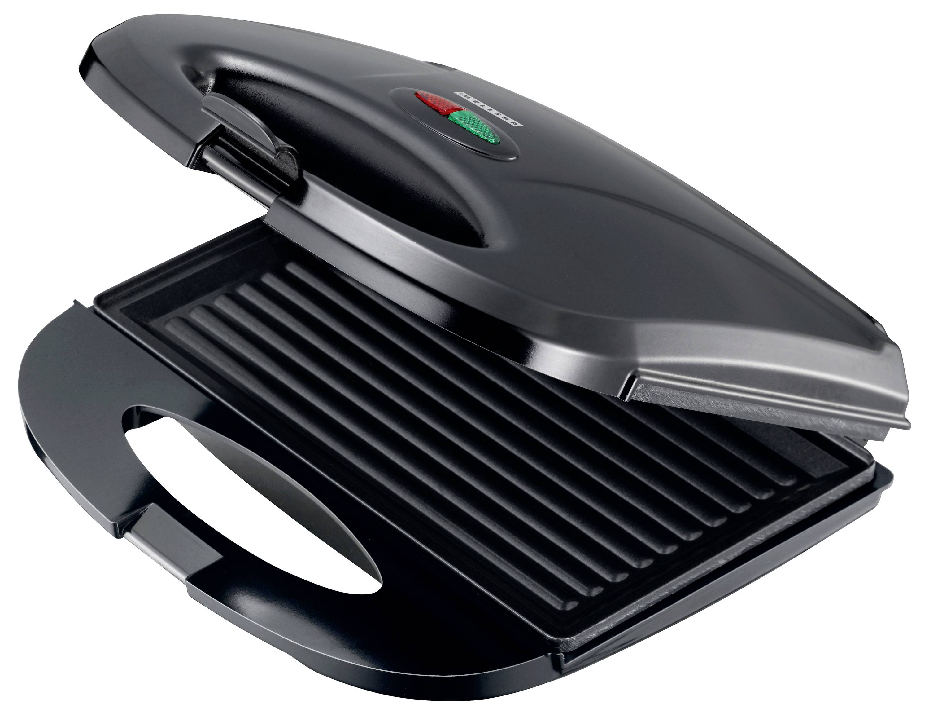 Un gril électrique noir ouvert avec une surface de cuisson texturée et des voyants lumineux sur la poignée.