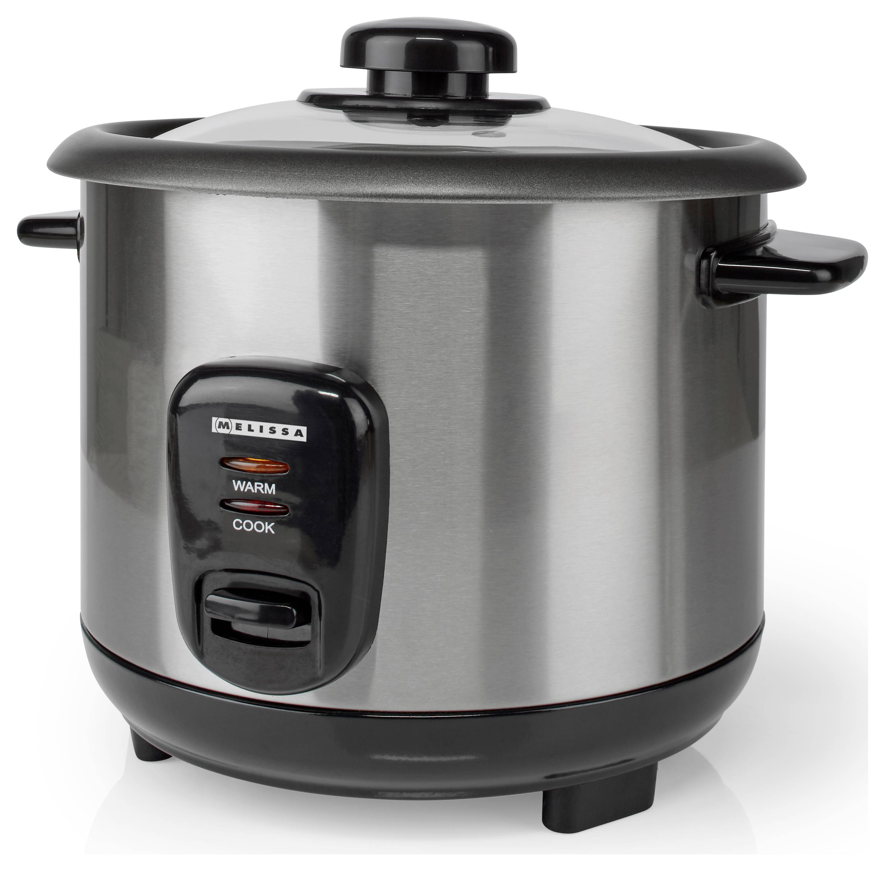Un cuiseur à riz en acier inoxydable avec un couvercle noir, des poignées et un panneau de commande affichant deux voyants lumineux : « Maintien au chaud » et « Cuisson ».