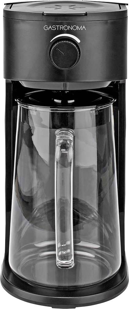 Machine à café Gastromoma noir avec carafe en verre, équipée d'un unique bouton en façade pour son fonctionnement.