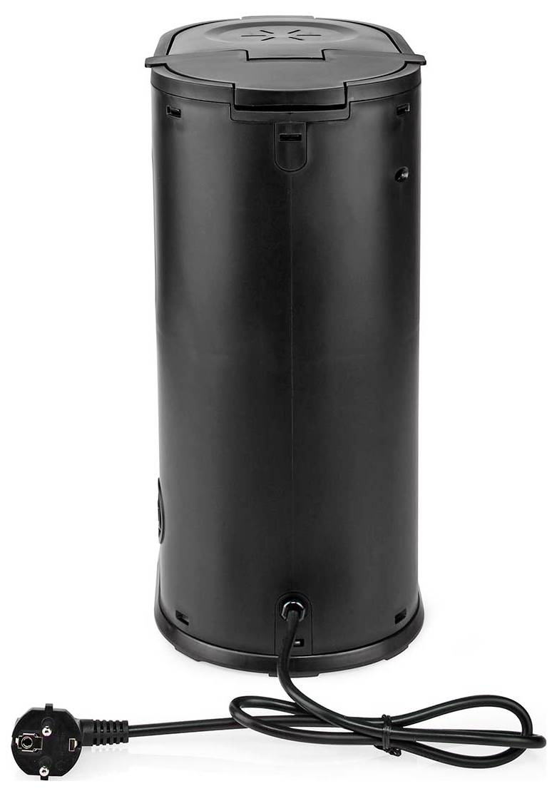 Un bloc d'alimentation cylindrique noir avec un cordon d'alimentation attaché, adapté à l'éclairage extérieur ou à l'équipement de jardin.