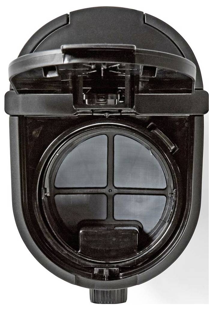 Vue de dessus d'un composant d'appareil électrique noir, probablement une pièce de machine à café, montrant un couvercle ouvert et un porte-filtre circulaire avec un intérieur divisé.