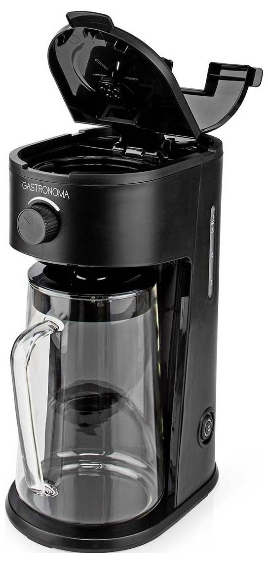 Une cafetière noire avec un couvercle ouvert et une carafe en verre transparent insérée. Le cadran avant affiche le logo 'Gastronoma', et un bouton est visible.