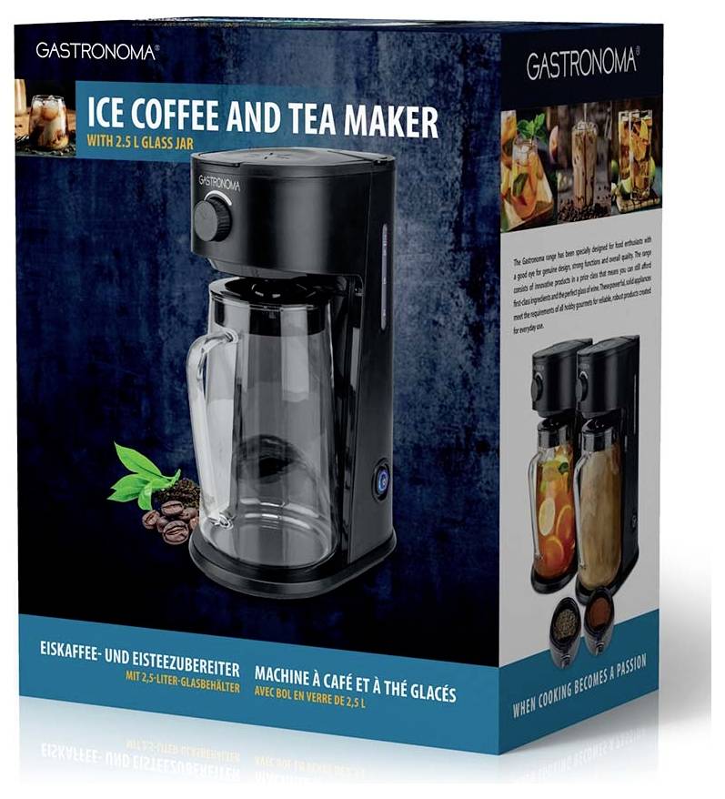 Machine à café et thé glacés avec carafe en verre de 2,5 L. Comprend des images de boissons glacées et de grains de café.