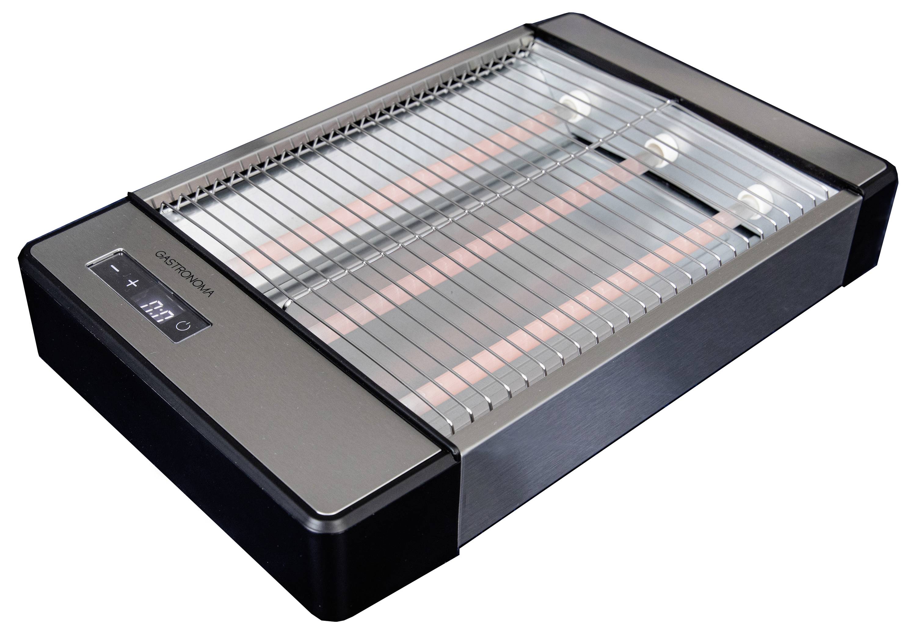 Un grill électrique de table avec un affichage numérique indiquant un réglage de température et plusieurs barres métalliques pour griller des aliments.