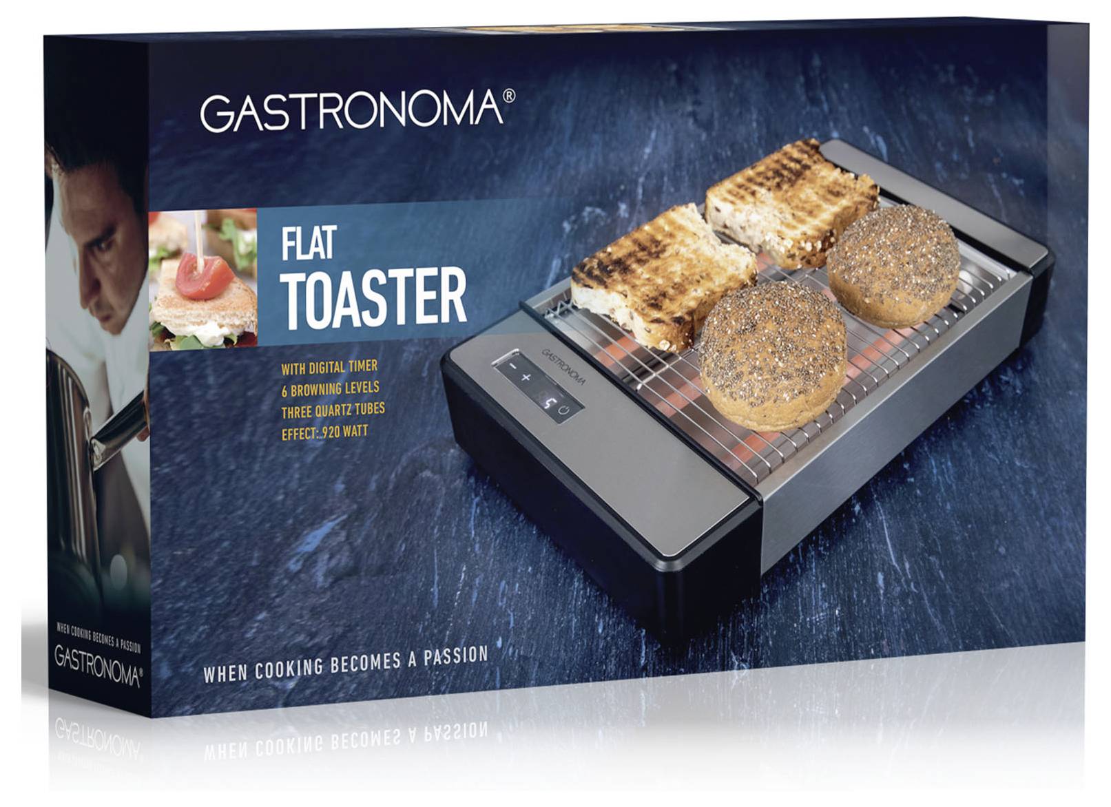 Un grille-pain plat en boîte avec du pain et des bagels en train de griller ; portant la marque « Gastronoma » avec le slogan « Quand cuisiner devient une passion ».