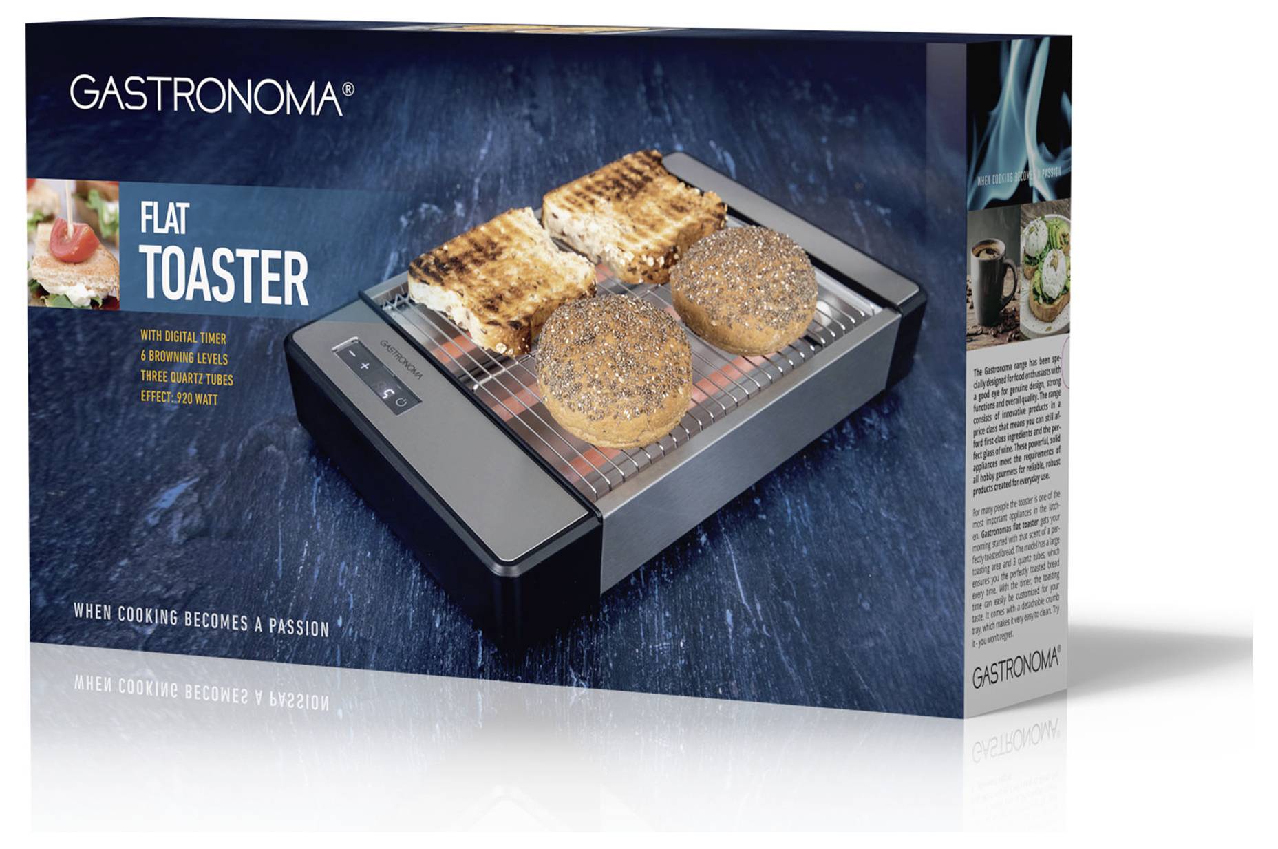 Grille-pain plat Gastronoma montrant du pain grillé et des bagels. Caractéristiques comprenant un grillage uniforme et trois emplacements pour différents types de pain.