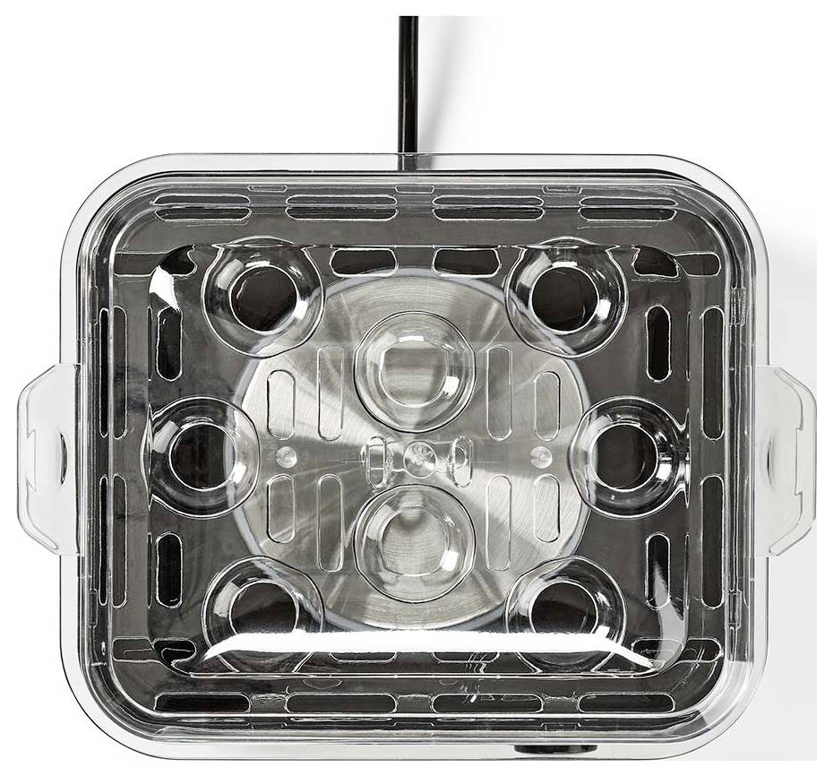 Lampe LED rectangulaire transparente avec multiples lentilles circulaires et un fil central.