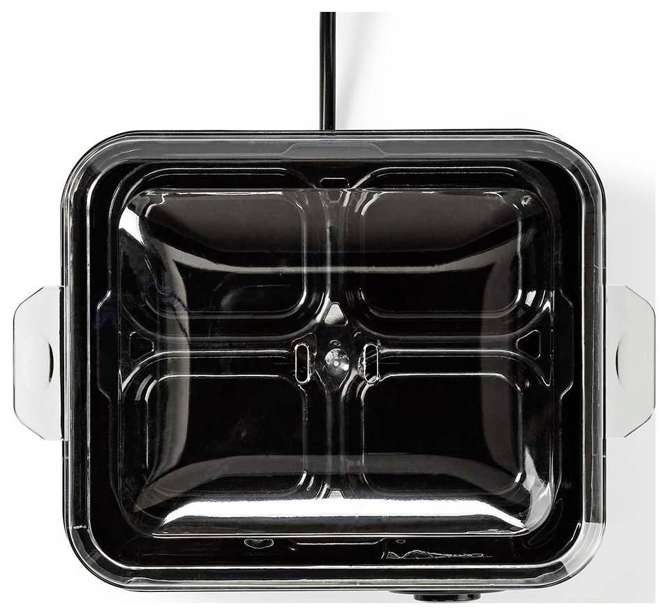 Un conteneur alimentaire rectangulaire noir en plastique, avec quatre compartiments internes, vu de dessus, présentant une finition brillante et un couvercle transparent.