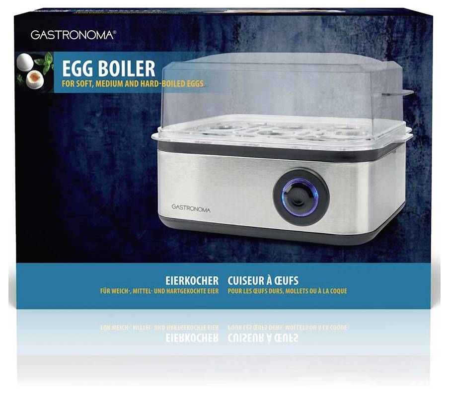 'Cuiseur à œufs de Gastronomia pour œufs à la coque, mollets et durs. Doté d'un design métallique avec bouton de réglage des paramètres.'
