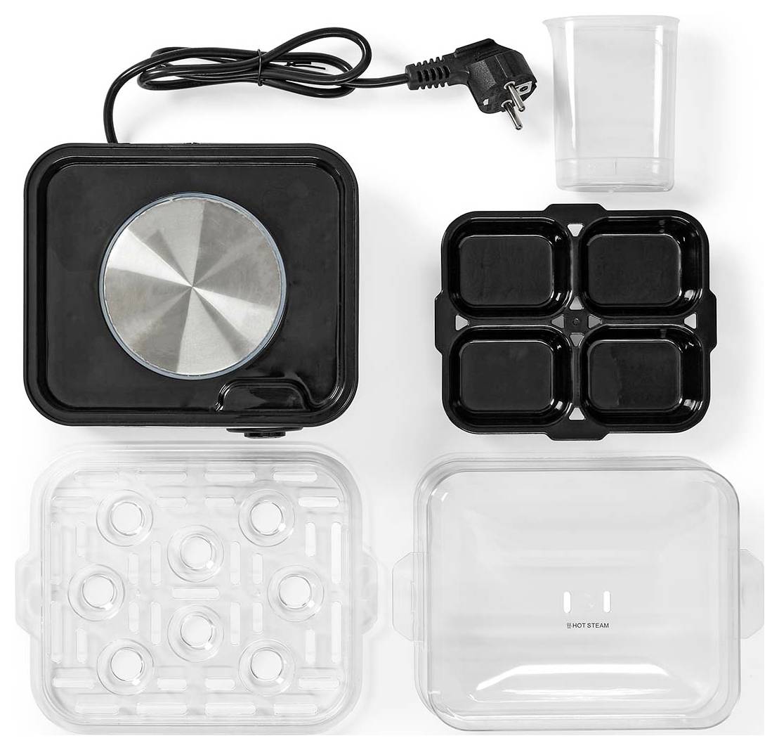 'Ensemble d'accessoires pour cuiseur vapeur comprenant un module d'alimentation, un récipient doseur et différents plateaux de cuisson vapeur. Inclut un cordon d'alimentation et des couvercles transparents.'