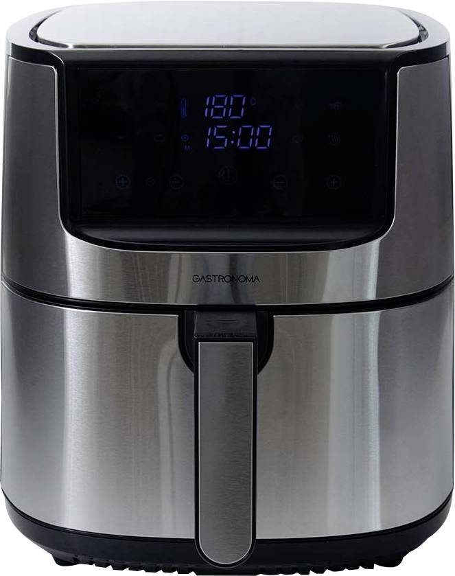 Un air fryer en acier inoxydable doté d'un affichage numérique indiquant les paramètres de température et de temps, portant l'étiquette « Gastroback ».