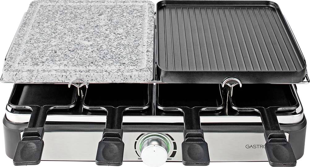 Un gril multifonction avec une plaque de granit et une surface rainurée, doté de plusieurs plateaux à raclette et d'un bouton de contrôle central de température.