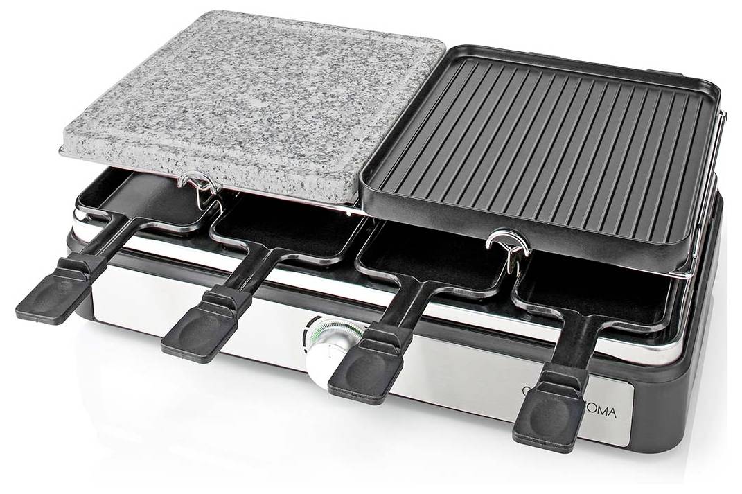 Grill à raclette électrique avec pierre de granite et plaque de grill cannelée, doté de huit plateaux de cuisson en dessous pour personnaliser les repas.
