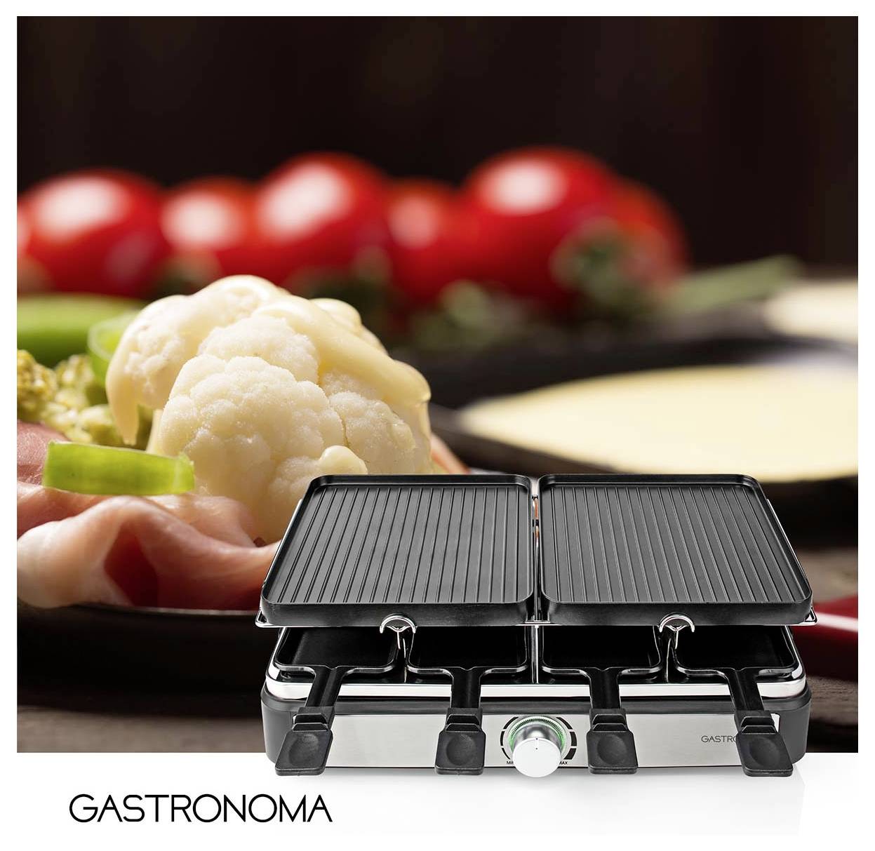 Logo 'GASTRONOMA' sur un fond présentant un grill avec des cadrans réglables, des légumes en arrière-plan incluant un chou-fleur et des tomates.