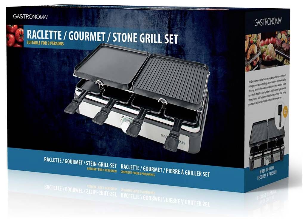 Ensemble de grill à pierre et raclette Gastronoma, adapté à 8 personnes, avec surfaces de cuisson doubles et réglages de température.