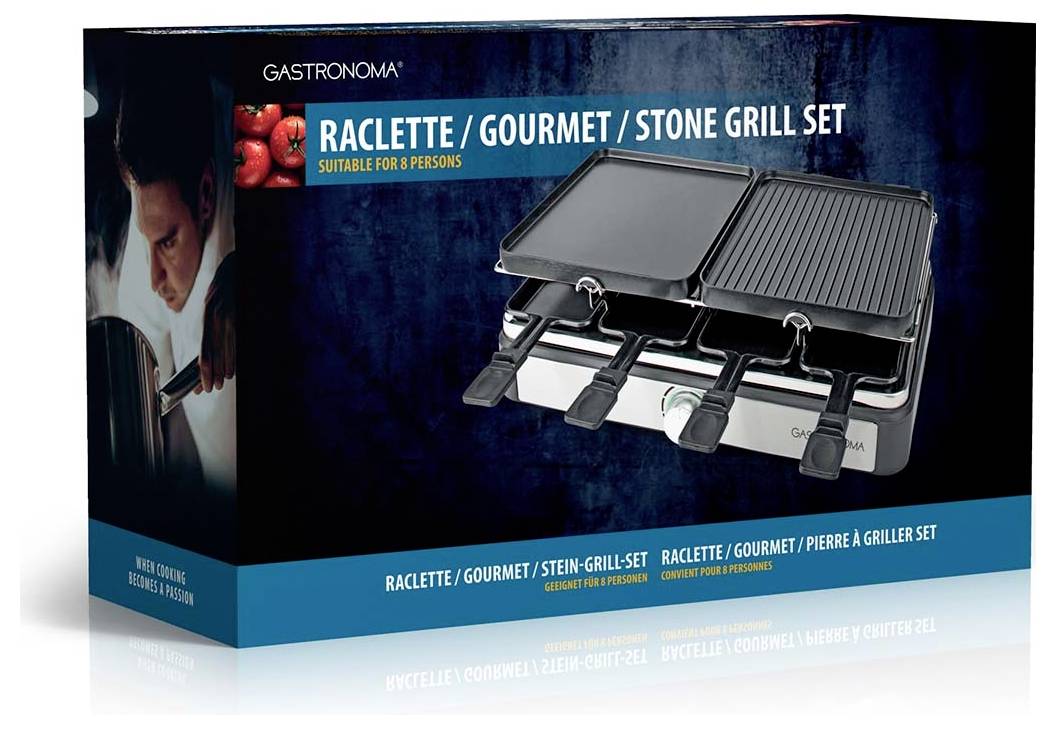 Set de raclette/grill en pierre Gastronoma pour 8 personnes, au design élégant et avec surfaces de grillade doubles, en emballage de vente au détail.