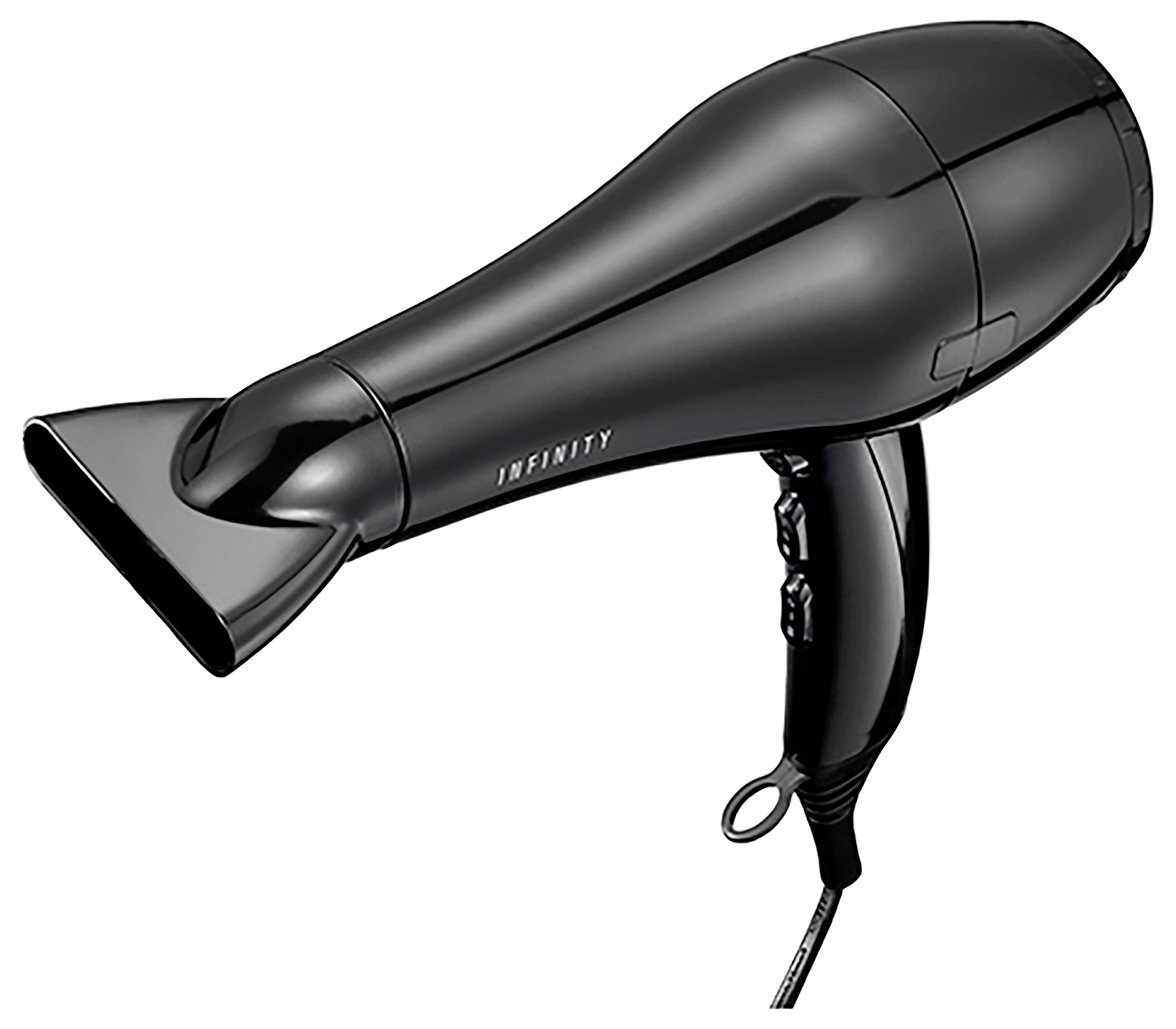 Un sèche-cheveux noir au design élégant, doté de plusieurs boutons de commande sur la poignée et d'un embout concentrateur pour un flux d'air ciblé.