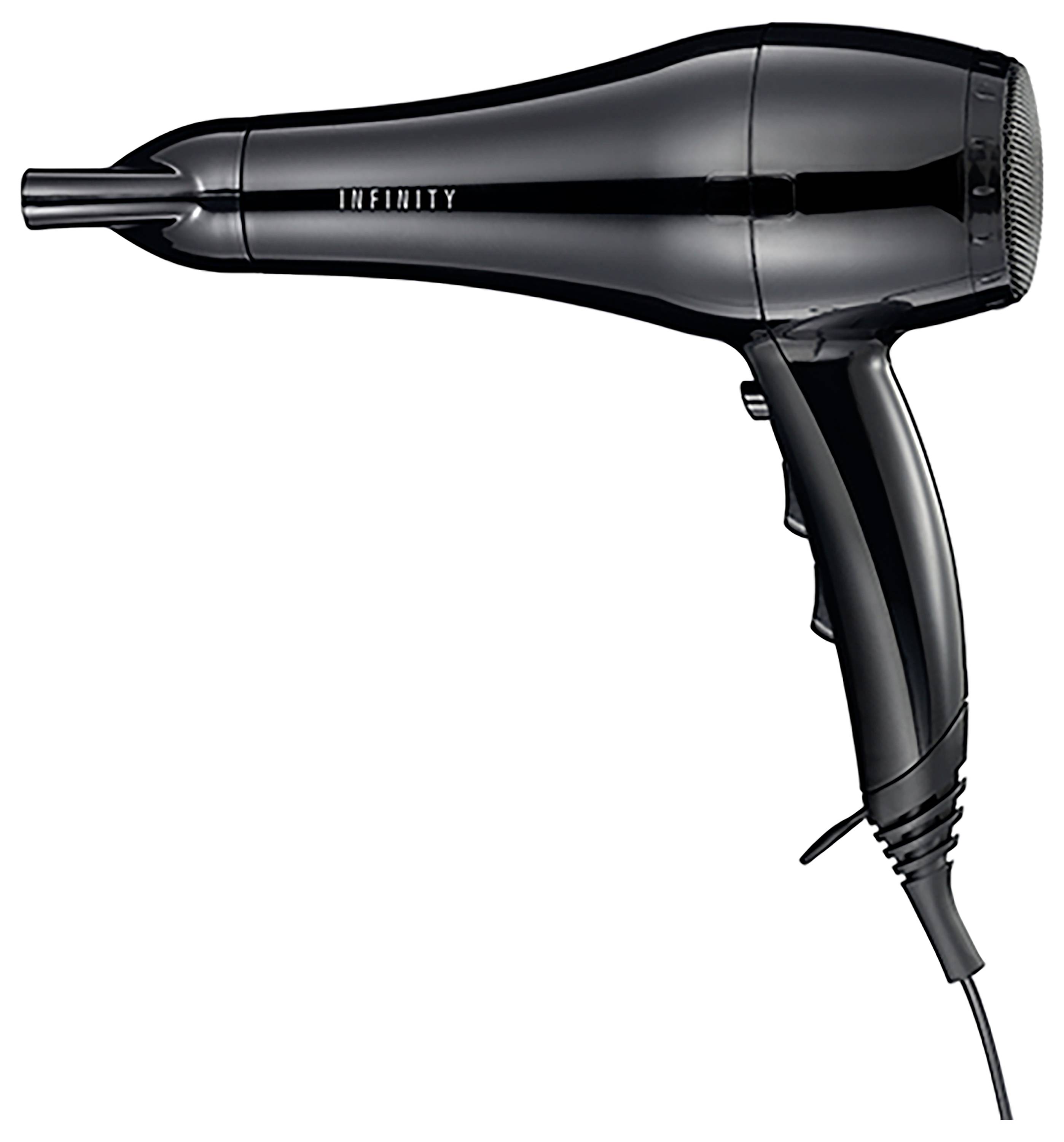 Un sèche-cheveux noir étiqueté 'Infinity' au design épuré, présenté de profil avec le cordon d'alimentation déployé.