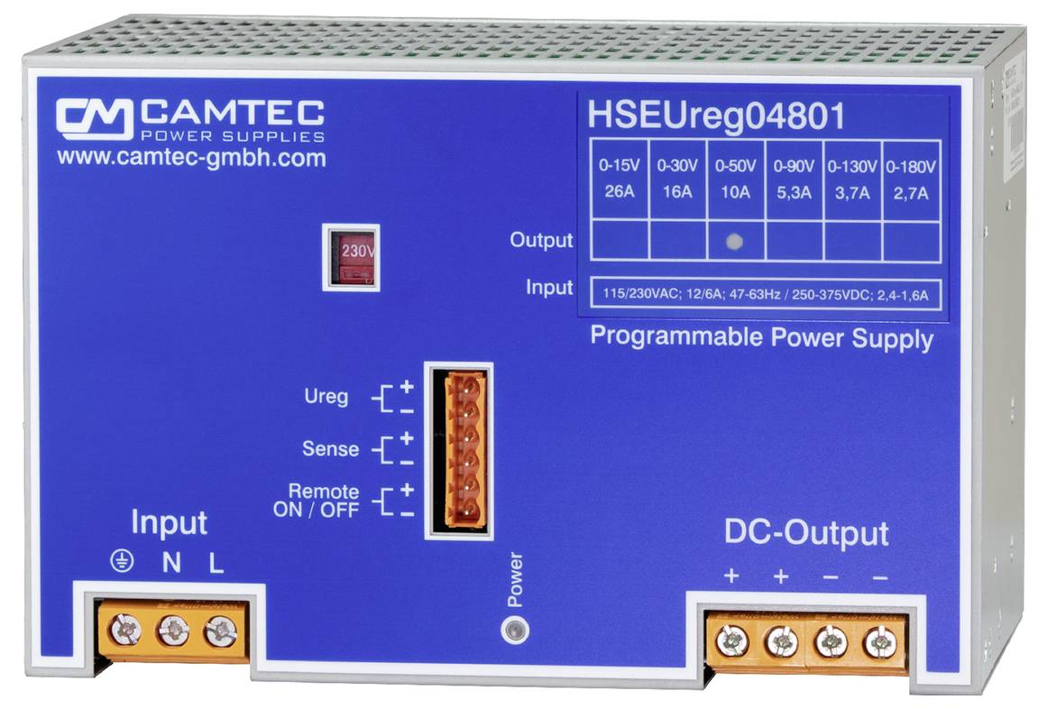 Alimentation programmable HSEUreg04801 de Camtec. Unité bleue avec sections d'entrée et de sortie DC. Les caractéristiques comprennent Ureg, Sense, Marche/Arrêt à distance.