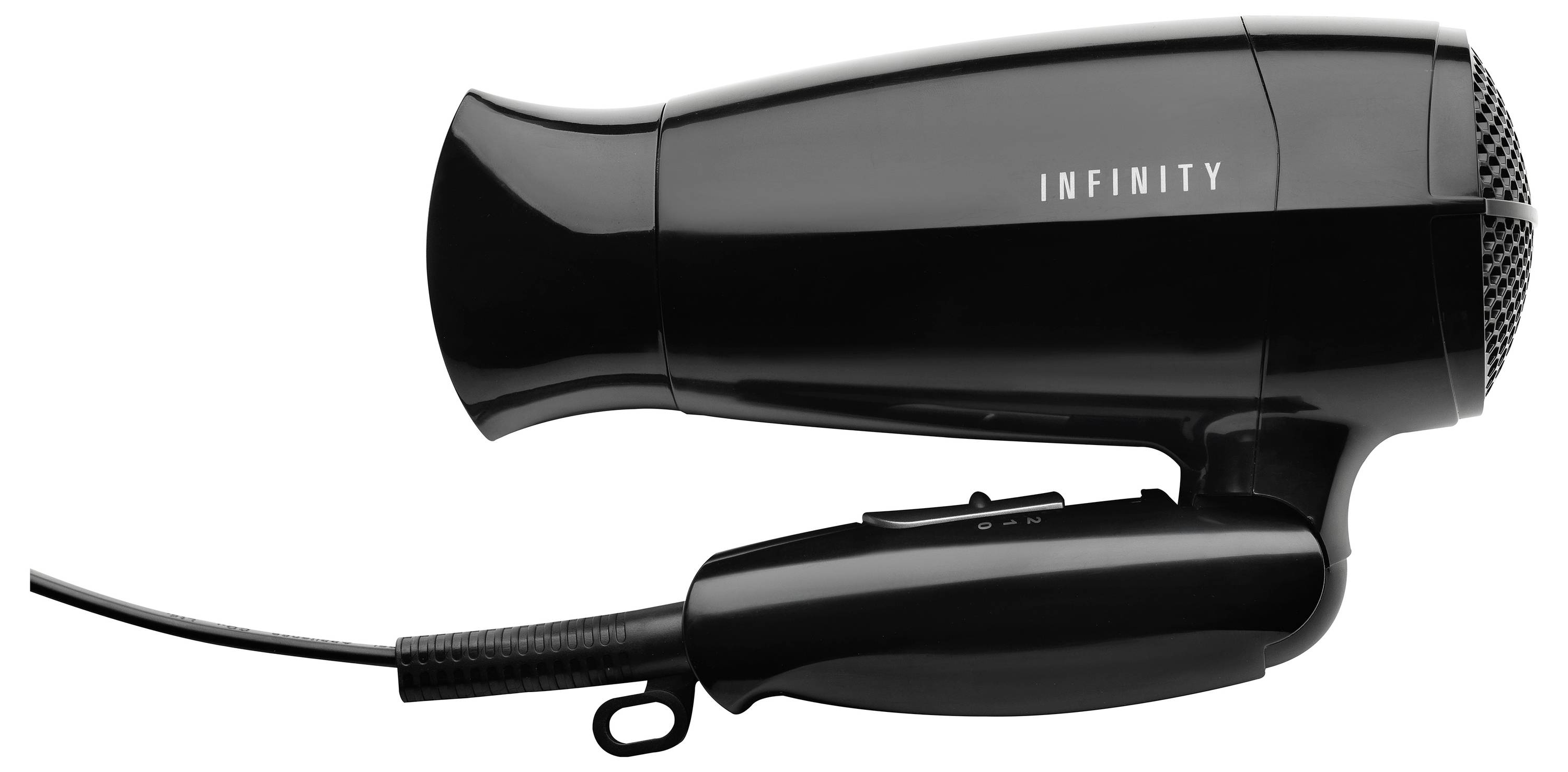 Un sèche-cheveux noir étiqueté « INFINITY », présenté de côté avec un interrupteur marche-arrêt visible sur la poignée.