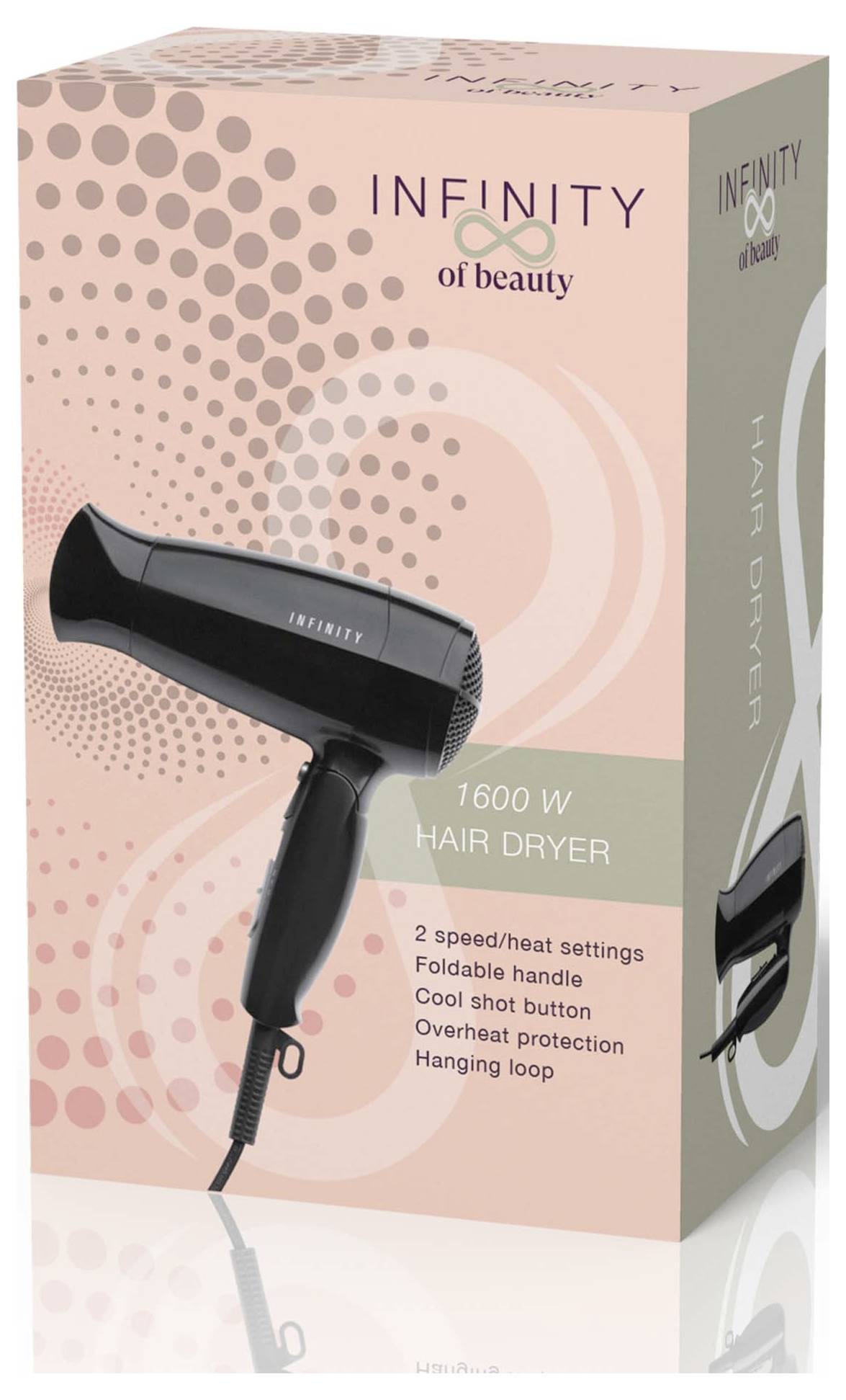 Sèche-cheveux 'Infinity of Beauty' 1600W avec deux réglages de vitesse/température, poignée pliable, bouton d'air froid et boucle de suspension.