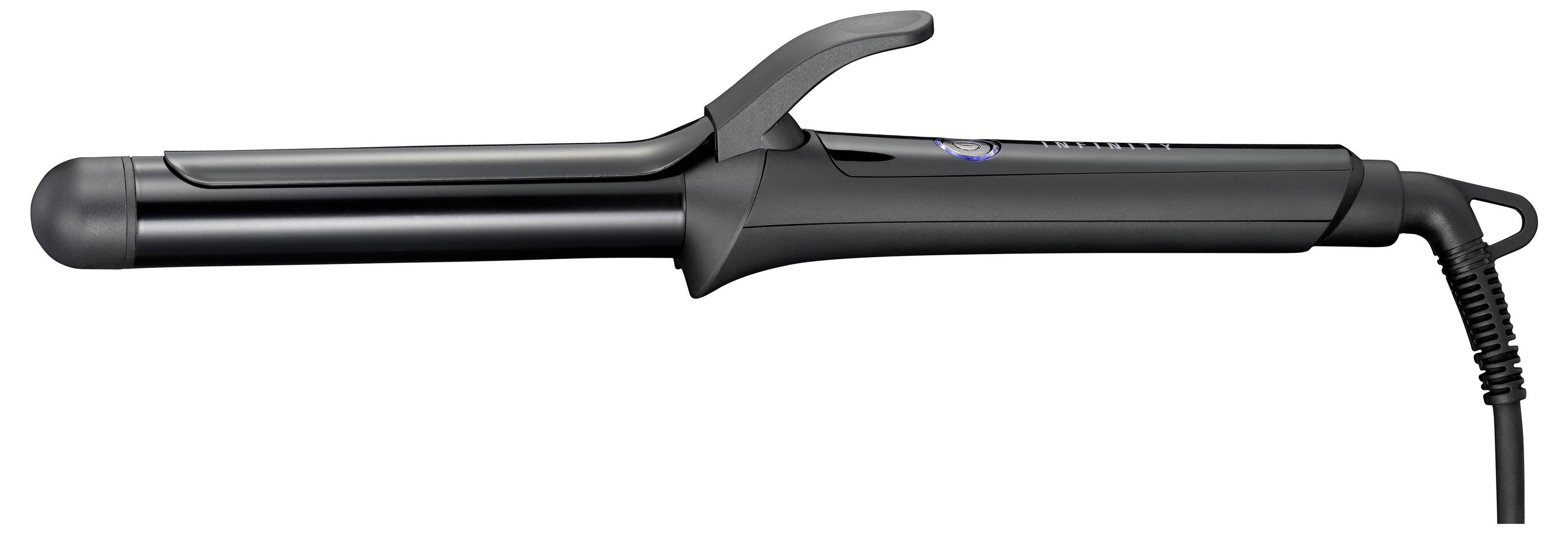 Un fer à friser noir avec pince et cordon, conçu pour styliser les cheveux.