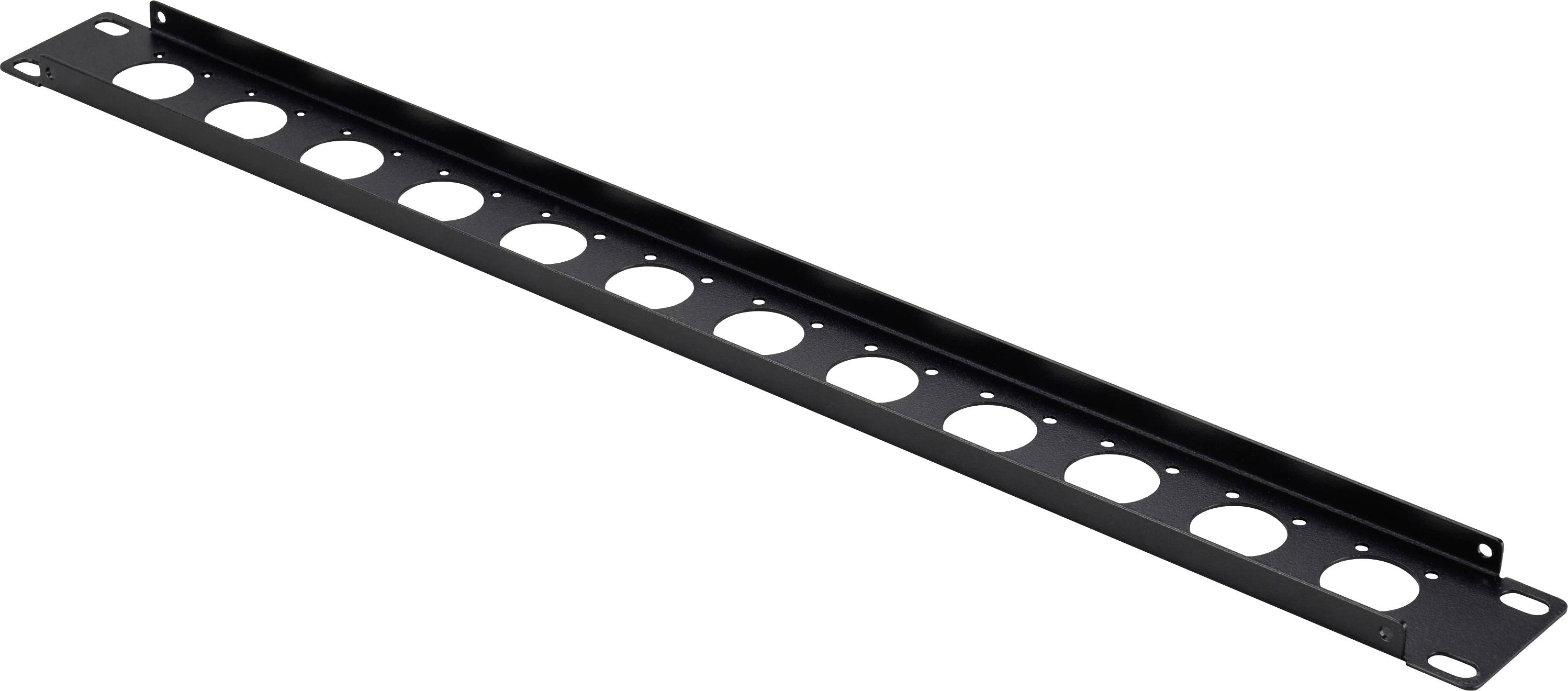Panneau de rack en métal noir avec plusieurs trous de ventilation ronds et des trous de montage aux deux extrémités.