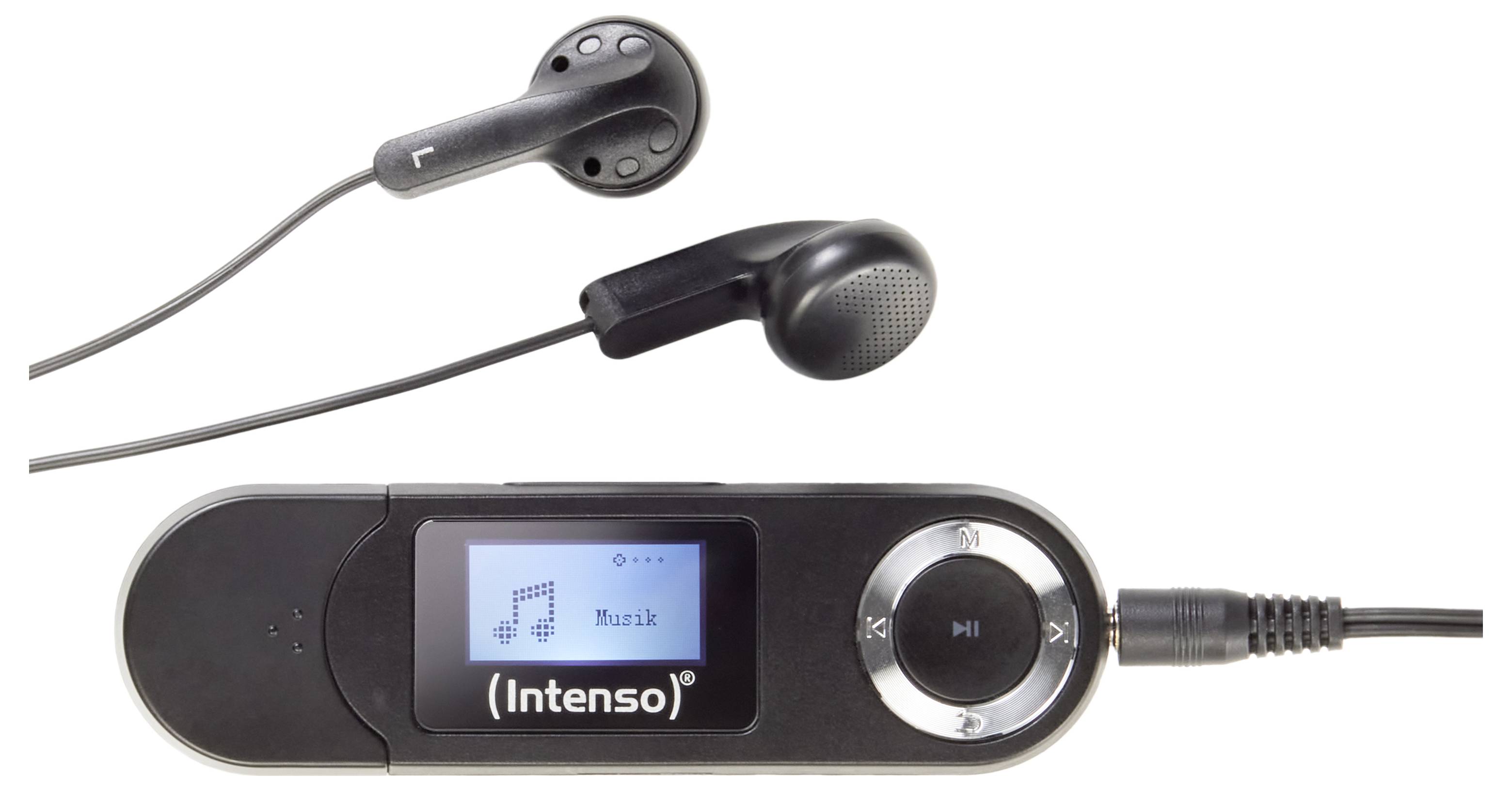 Un lecteur de musique portable noir avec un petit écran affichant une note de musique et le mot « Musik », accompagné d'une paire d'écouteurs.