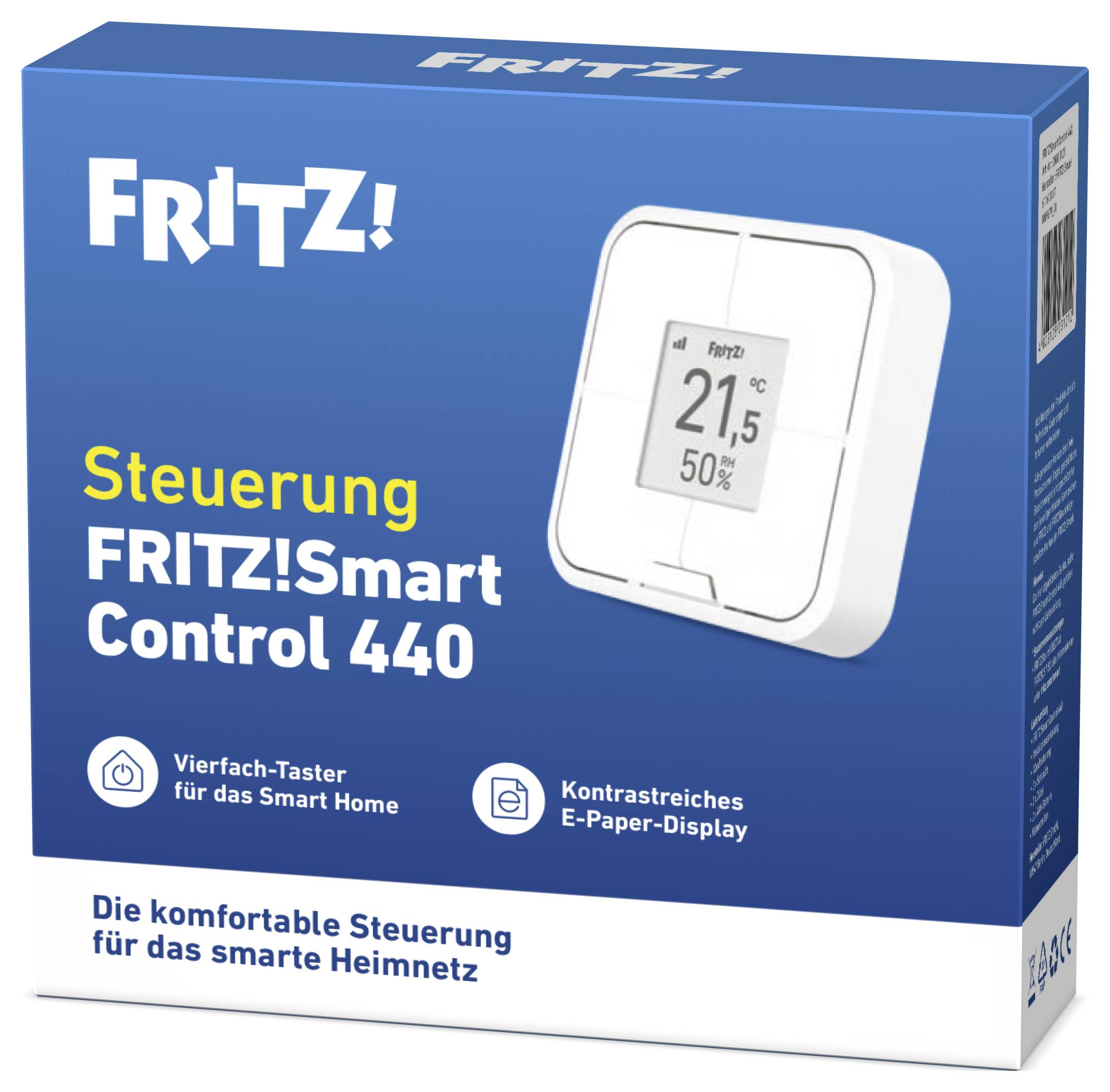 Boîte de FRITZ! Smart Control 440 présentant un appareil domotique avec un écran. Le texte met en valeur son utilisation pour le contrôle de la maison intelligente et des fonctionnalités comme l'affichage sur écran E-paper.