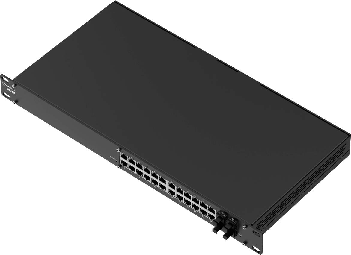 Un commutateur réseau noir avec 24 ports Ethernet, conçu pour un montage en rack.
