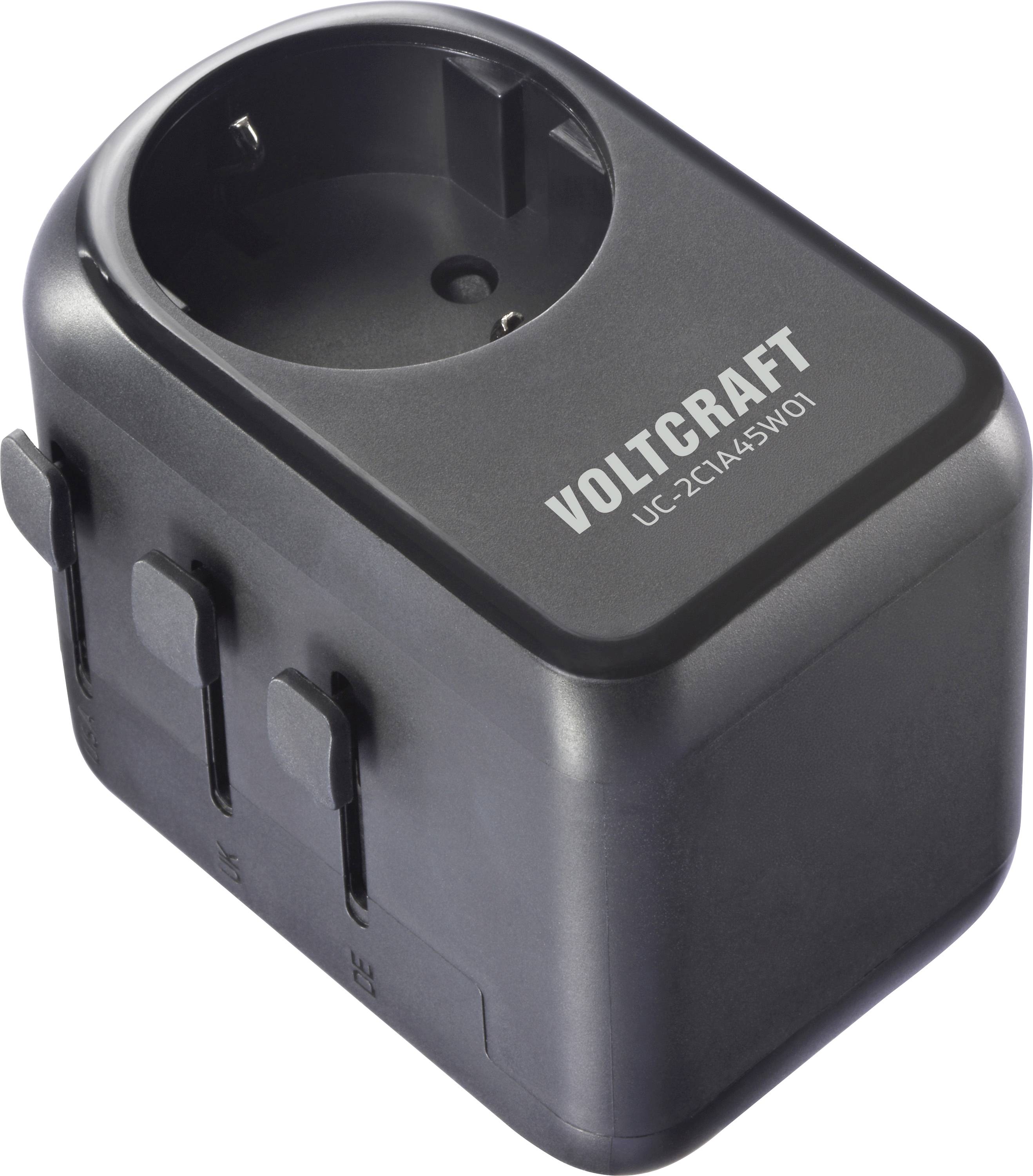 Un adaptateur de prise VOLTCRAFT UC-2CIA-45W01 noir avec plusieurs ports sur le côté, conçu pour une utilisation internationale de l'électricité.
