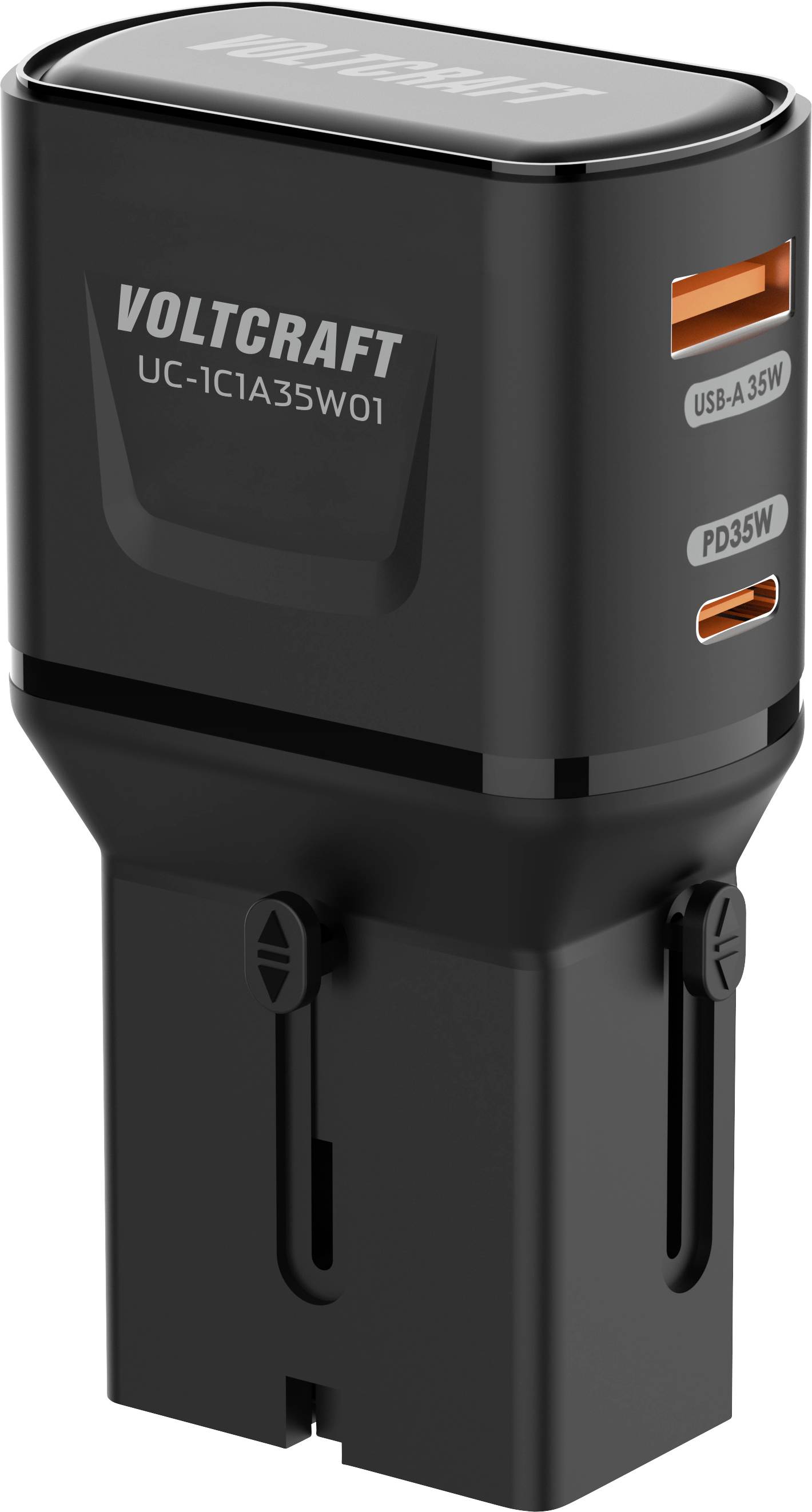 Un chargeur de voiture Voltcraft noir avec un port USB-A de 35W et un port USB-C de 35W, étiqueté 'UC-1C1A35W01', conçu pour la recharge en véhicule.