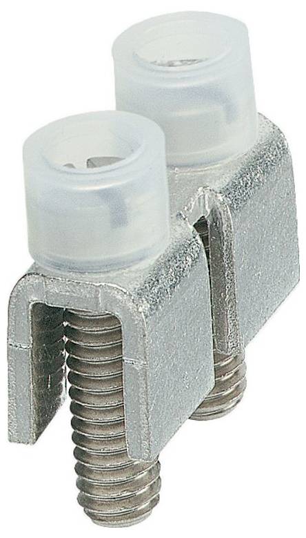 Une rangée de huit bornes de connexion en plastique transparent reliées à des vis métalliques, généralement utilisées pour les connexions de câblage dans les applications électriques.