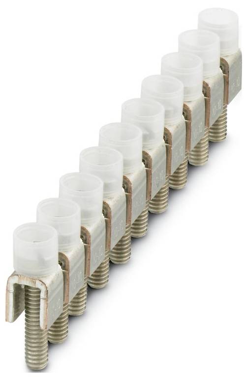 Une rangée de dix bornes métalliques avec des capots en plastique transparent, utilisée pour les connexions électriques.