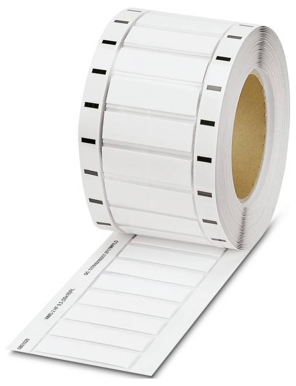 Un rouleau d'étiquettes adhésives blanches vierges avec des marques de détection noires, convenant aux imprimantes. Les étiquettes sont rectangulaires et parfaitement alignées.