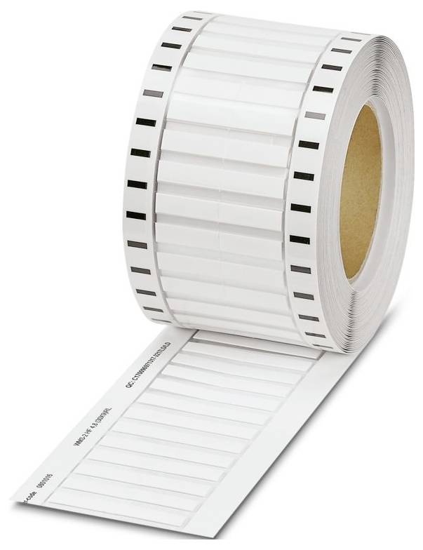 Feuille d'étiquettes rouges « Phoenix Contact » avec bandes de numérotation pré-découpées blanches, utilisée pour l'étiquetage des bornes à vis, des connecteurs ou des câbles.