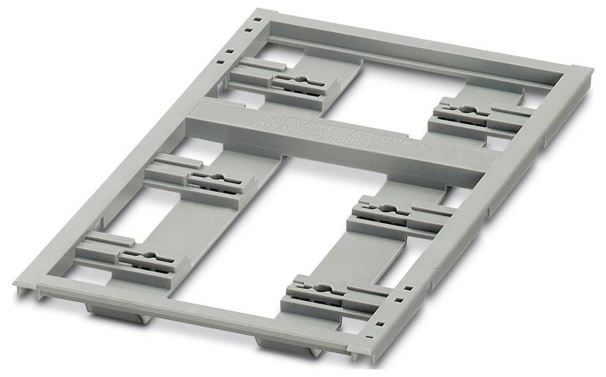 Un cadre de montage en plastique gris avec plusieurs fentes et clips, conçu pour fixer les composants électroniques ou les appareils en place.