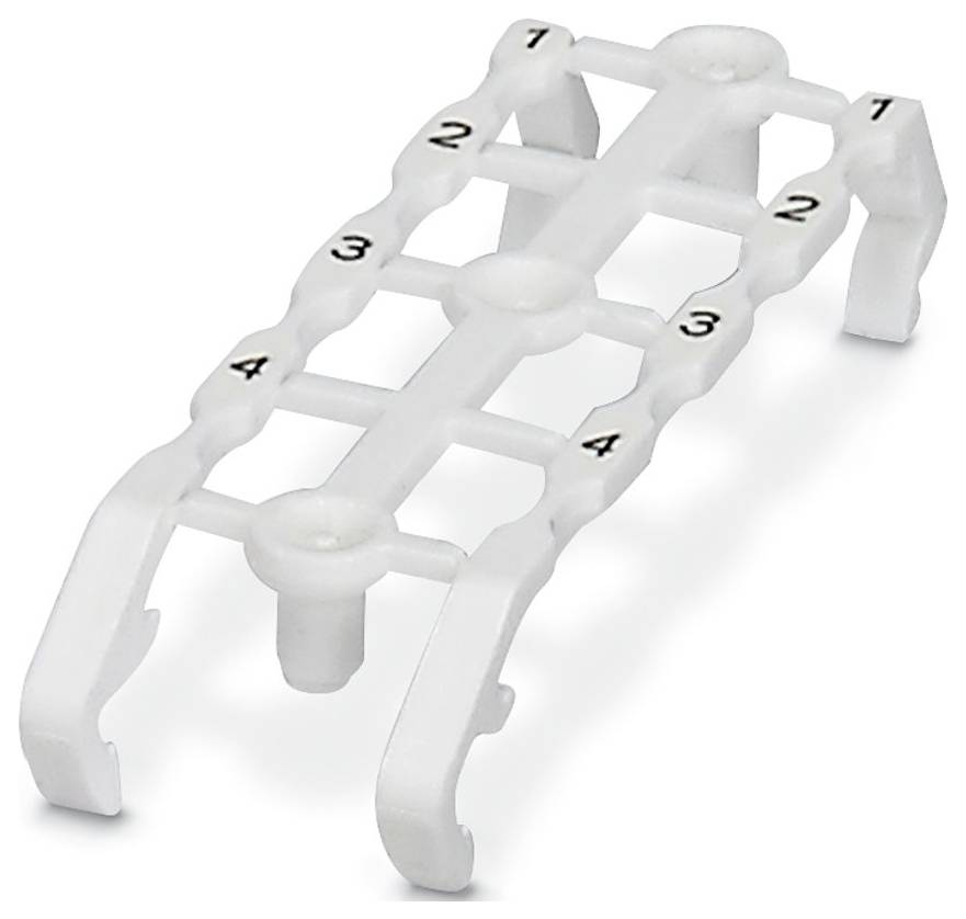 Un organiseur de câbles en plastique blanc avec des fentes numérotées étiquetées de 1 à 4. Conçu pour maintenir les câbles ou les fils organisés et démêlés.