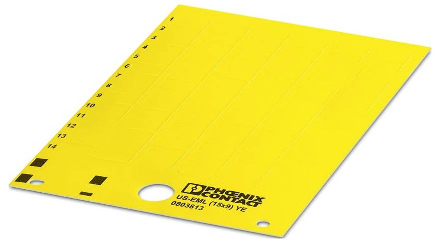 Carte de marquage en plastique jaune étiquetée « Phoenix Contact » avec une série d'emplacements numérotés de 1 à 15, utilisée pour l'identification des câbles électriques.