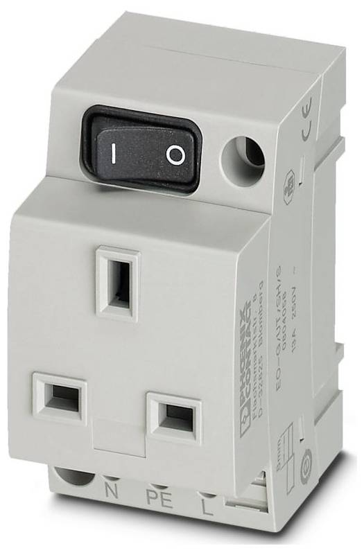 A grey electrical device featuring a power switch with 'I' and 'O' symbols and multiple socket slots for electrical connections.