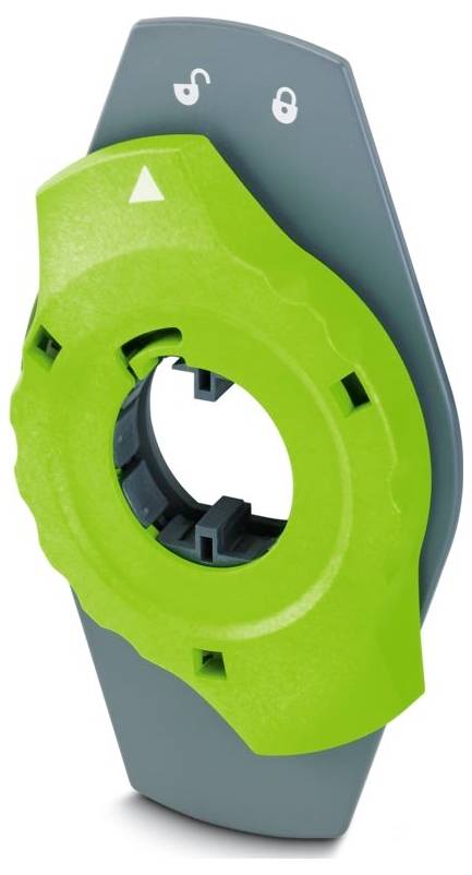 Un accessoire d'outil rotatif vert avec une base grise, présentant des symboles de verrouillage et déverrouillage indiquant les paramètres de fixation ou de retrait.