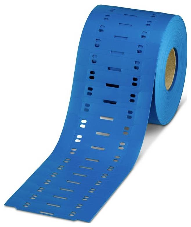 Rouleau d'étiquettes adhésives blanches avec des sections rectangulaires jaunes, utilisé pour l'étiquetage ou l'organisation, partiellement déroulé.