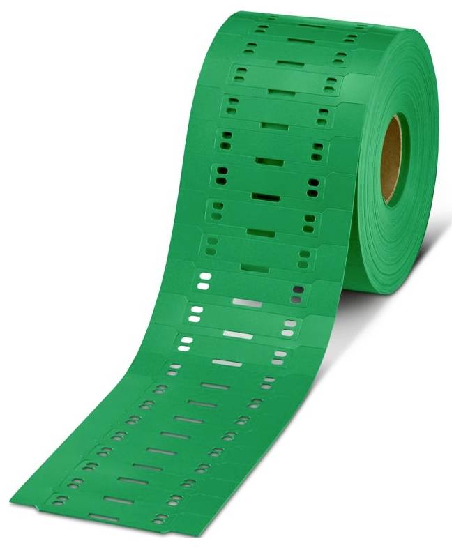 Un rouleau de cartes perforées vertes avec des trous rectangulaires utilisées pour la programmation ou le stockage de données, se déroulant sur une surface plane.