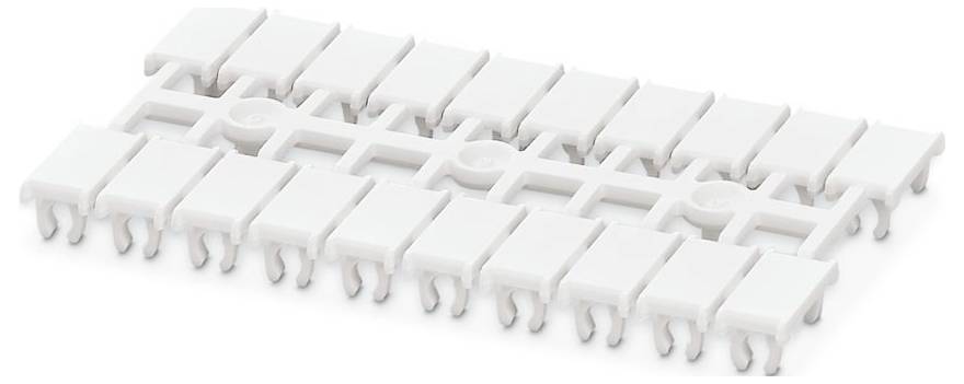 Plastic cable clips on a connector strip, used for organizing and securing electrical cables.