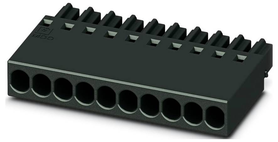 Black electronic connector with multiple pin slots, used for connecting circuits or components in electronic devices.