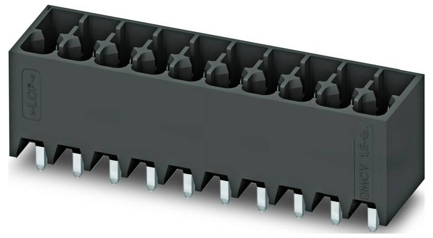 Une image rapprochée d'un connecteur mâle à 10 broches avec des broches métalliques qui dépassent au bas, utilisé pour les connexions de circuits électroniques.